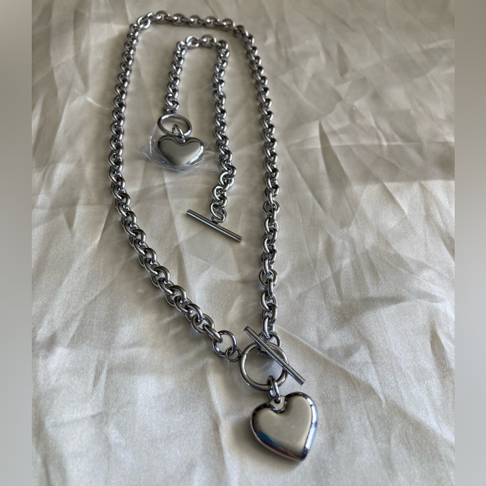 Silver Heart Chain Necklace and Bracelet